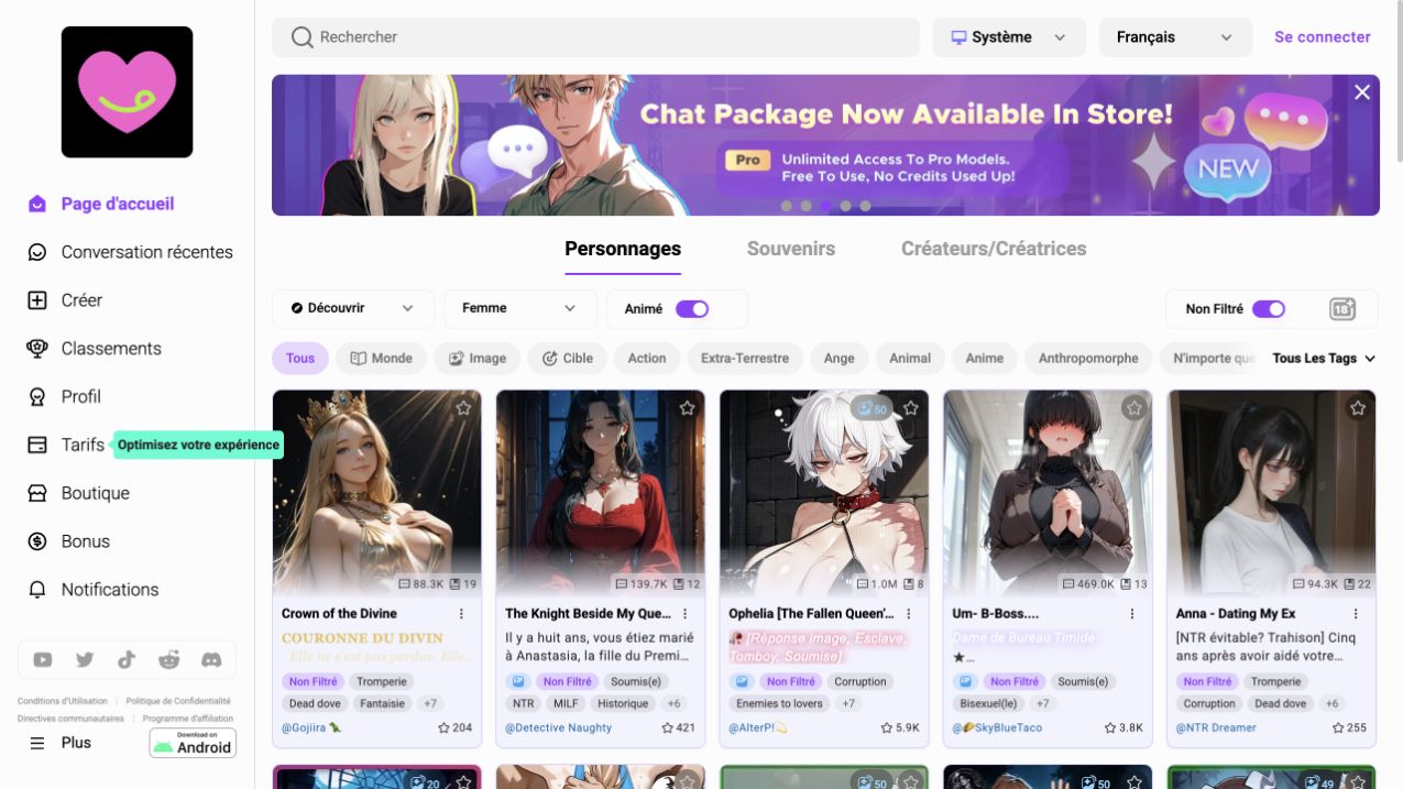 Aperçu de l’interface CrushOn AI